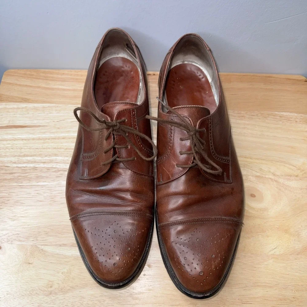 Bally Mens Brown Leather Cap Toe Derby Dress Shoes Brogue Detail Italy Size 13 D